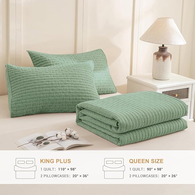 Sanracie Stonewashed Cotton Coverlet Queen Size(90"x98"), Green Ultra Soft Crinkle Quilt Bedding Set 3Pcs Cross Stitch Pattern Lightweight Breathable Bedspread Set for All Season