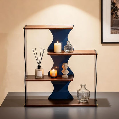 Acrylic Wave Desktop Organizer, 4-Tier Wood Shelf Display Stand for Desk, Bathroom, Kitchen & Closet — Modern Storage Rack for Cosmetics, Office Supplies, Mugs, Plants, Spices and Small Decor