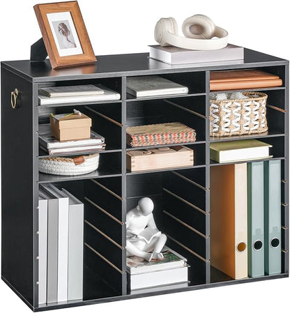 HOOBRO Literature Organizer, 27 Compartments Wooden Mail Organizer, Countertop Literature Sorter with Adjustable Shelves for Home, Office, School, Student Mailbox for Classroom, Black BK27WF01