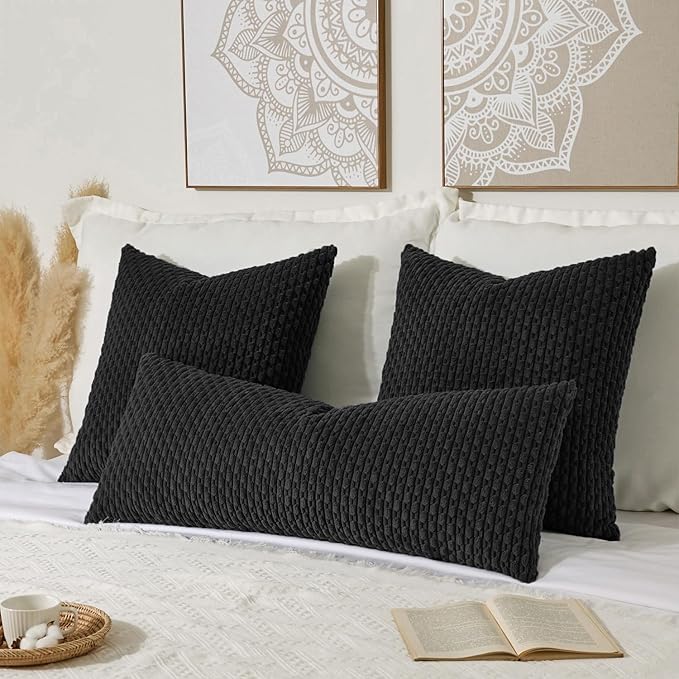 Kevin Textile 14x36 Inch Long Lumbar 1 Pack Boho Decorative Throw Pillow Cover Soft Striped Corduroy Rectangle Cushion Case Farmhouse Accent for Living Room Couch Sofa Bed, Black