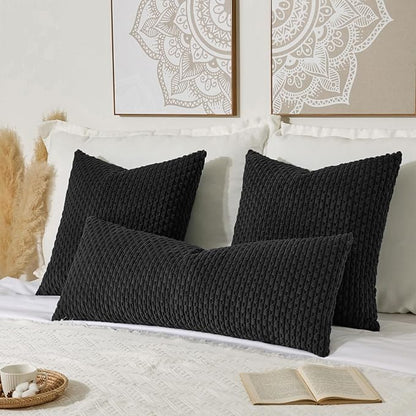 Kevin Textile 20x54 Inch Long Body Lumbar 1 Pack Boho Decorative Throw Pillow Cover Soft Striped Corduroy Rectangle Cushion Case Farmhouse Accent for Living Room Couch Sofa Bed, Black