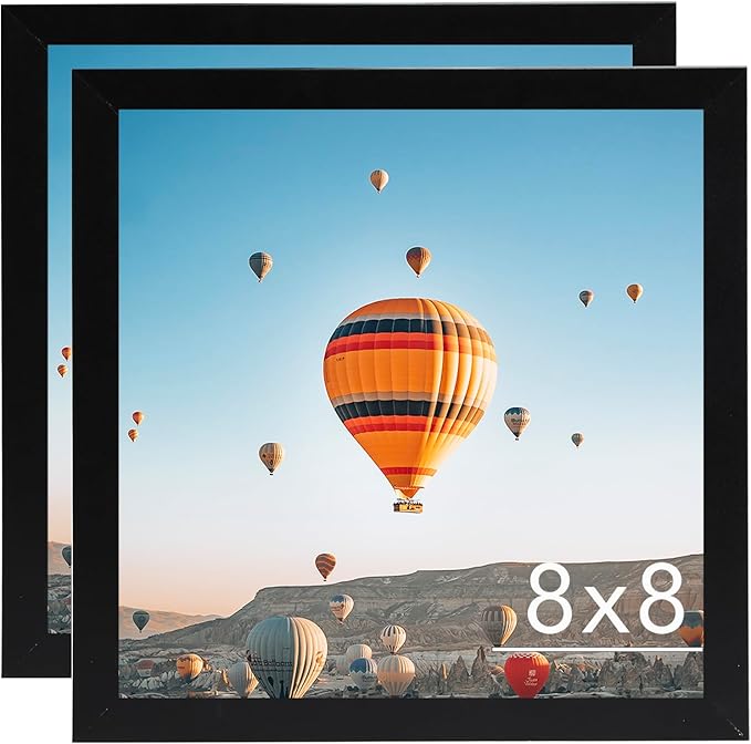 8x8 Picture Frame Set of 2 Black for Wall Hanging or Tabletop, Wall Mounting Horizontally or Vertically, 8 x 8 Square Wall Gallery Poster Photo Frame with Shatter Resistant Plexiglass, 2 Pack, Black