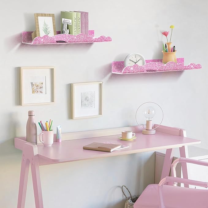 Rainbow Glitter Acrylic Floating Shelves, 15.7" Wall Mounted Nursery Bookshelves, Display Ledge for Books Toys Cosmetic Storage, Bathroom Bedroom Living Room Wall Organizer, 4 Pack, Pink