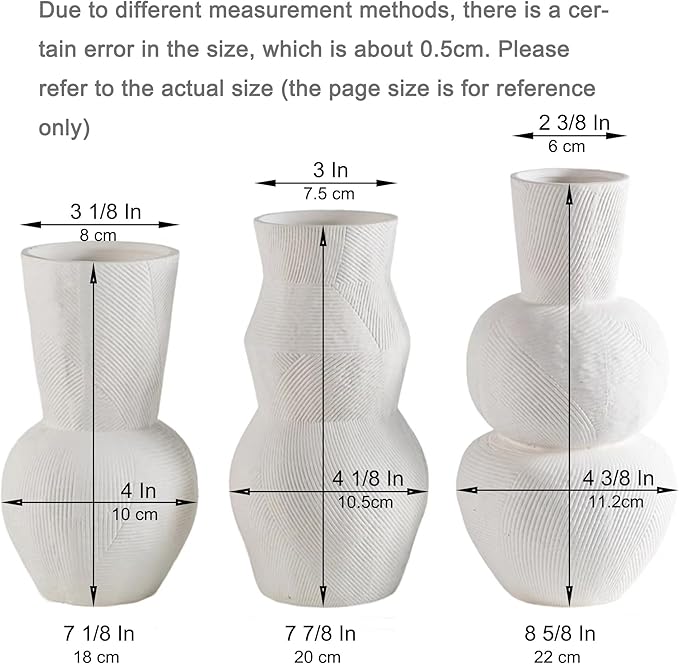 White Textured Ceramic Vase Set of 3 – Modern Decorative Pottery Vases for Boho and Farmhouse Home Decor, Minimalist Flower Vases for Living Room, Shelf, Mantel or Table Display