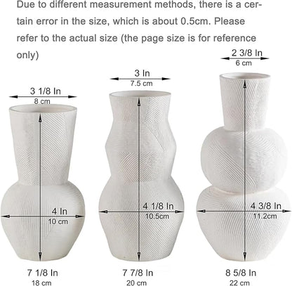 White Textured Ceramic Vase Set of 3 – Modern Decorative Pottery Vases for Boho and Farmhouse Home Decor, Minimalist Flower Vases for Living Room, Shelf, Mantel or Table Display