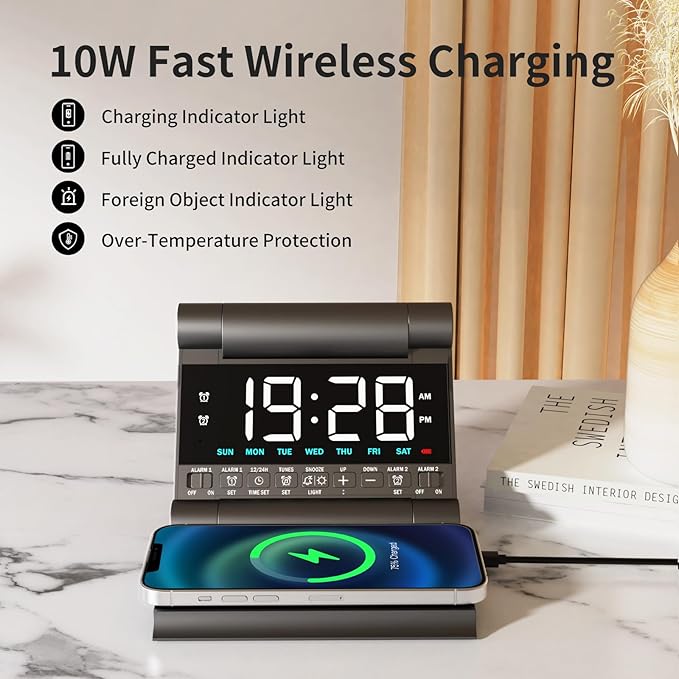 Alarm Clock with Wireless Charging for bedrooms, Heavy Sleepers, Travel, Teens, Digital Smart Desk Clock, Dual Alarms, 4 Level Brightness, Foldable Design,Build-in Battery