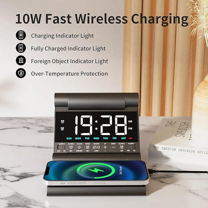 Alarm Clock with Wireless Charging for bedrooms, Heavy Sleepers, Travel, Teens, Digital Smart Desk Clock, Dual Alarms, 4 Level Brightness, Foldable Design,Build-in Battery