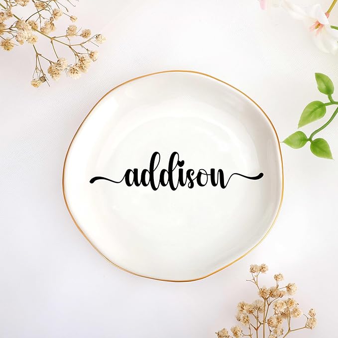 JoycuFF Addison Personalized Name Ceramic Jewelry Tray, Mothers Day Christmas Anniversary Engagement Birthday Gifts for Women Couples, Trinket Dish for Rings Earrings Necklaces Bracelets Keys