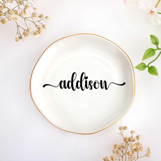 JoycuFF Addison Personalized Name Ceramic Jewelry Tray, Mothers Day Christmas Anniversary Engagement Birthday Gifts for Women Couples, Trinket Dish for Rings Earrings Necklaces Bracelets Keys