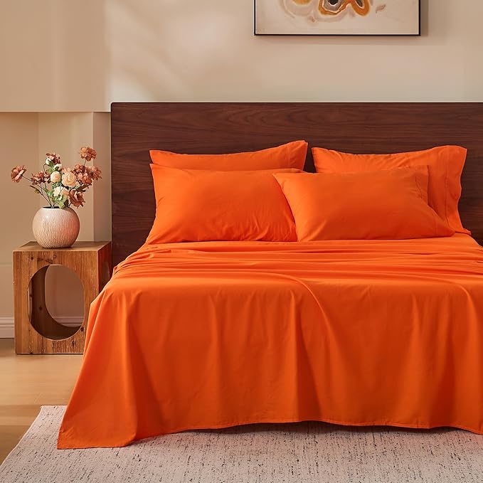 MEISHANG 100% French Pure Linen Sheets California King - Bed Sheets 4 Piece Sets, Soft Durable Flax Linen, Anti-Tear Breathable Oeko-Tex Certified with 16" Deep Pocket (Orange)