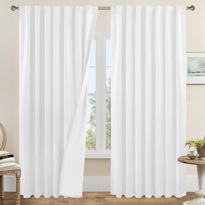 LAMIT White 100% Blackout Linen Curtains 84 Inches Long, Linen Textured Living Room Farmhouse Curtains Full Room Darkening Back Tab and Rod Pocket Panels with White Liner, 2 Panels, 60 x 84 Inch