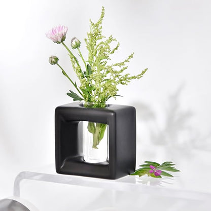 ORGJ Matte-Black Propagator Plant Vase - 2-in-1 Modular Propagation Tubes & Aroma Diffuser with Test Tube Rack System, Industrial Water Propagation Station for Herb Cuttings, Geometric Ceramic Decor