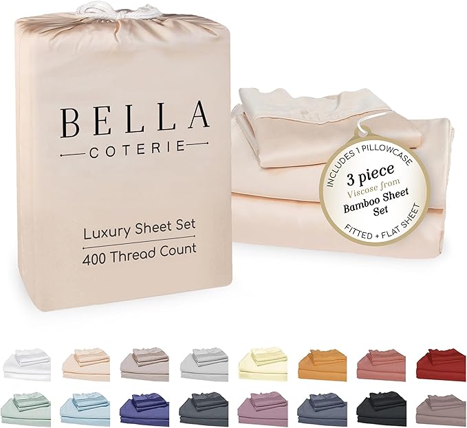 Bella Coterie Luxury Bamboo Viscose Twin XL Size Sheet Set | 100% Organically Grown | Ultra Soft | Cooling for Hot Sleepers | 18" Deep Pocket [Champagne]