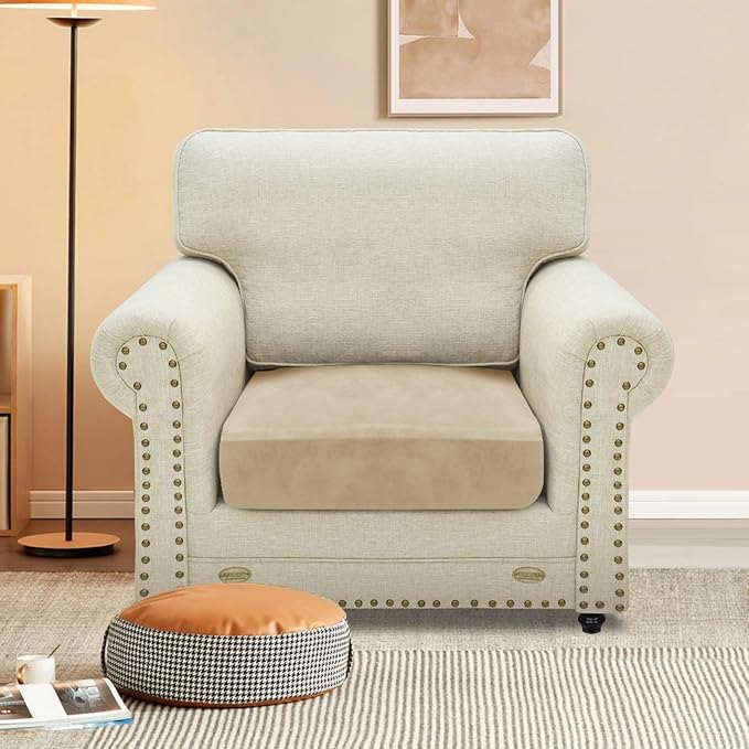 MAXIJIN Velvet Stretch Cushion Cover Fitted Couch Cushion Slipcovers 1 Pack Arm Chair Seat Cushion Cover for Individual Cushion Sofa Chair with Elastic Bottom (Chair Cushion, Camel)