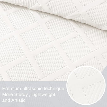 Exclusivo Mezcla Twin Size Quilt Set - White Quilts Bedding Set with 2 Pillow Shams, Modern Bedspread with Striped Pattern, Soft Lightweight Bedspreads Coverlets for All Seasons