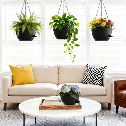Set of 3-10 Inch Self Watering Hanging Planters for Indoor & Outdoor，Hanging Plant Pots with Drainage & Removable Tray, Modern Hanging Pots Holder for Ivy, Spider Plants, Ferns, Balcony & Patio, Black