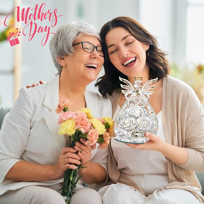Beferr Valentines Day Rose Gifts for Her Women Mom Gifts for Birthday, Fresh Flowers for Delivery Prime Forever Preserved Rose in Glass Angel Figurine, for Grandma Wife Kids Daughter
