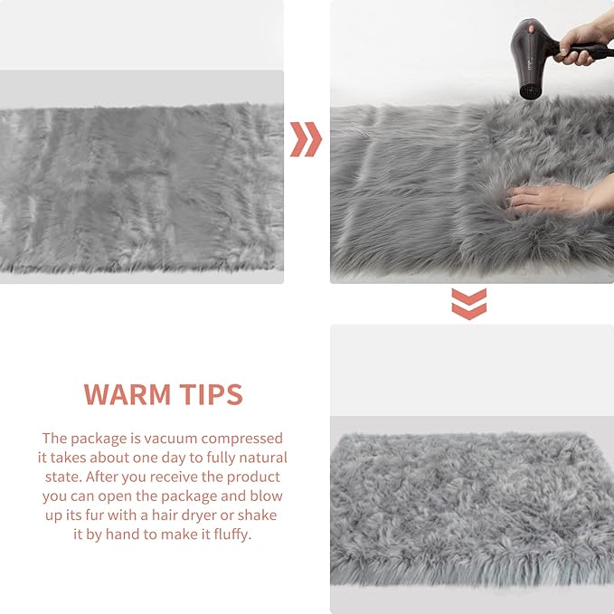 Ciicool Ultra Soft Faux Sheepskin Fur Rug Fluffy Rug for Bedroom Fuzzy Carpet for Living Room Kid's Room Nursery Decor, Grey 2 x 6 Feet