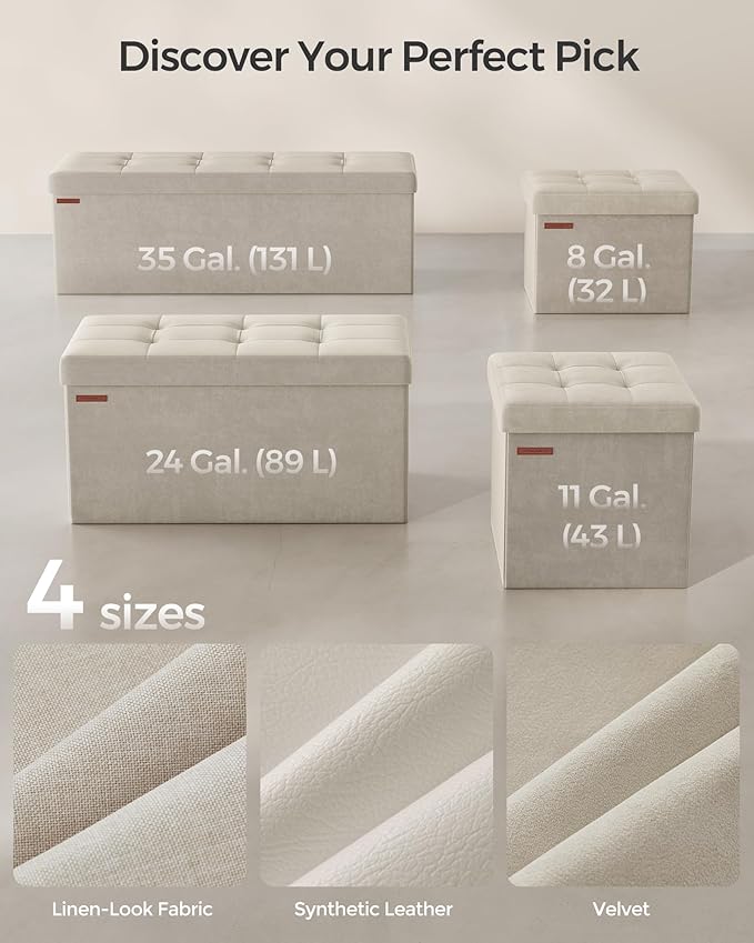 SONGMICS Mazie Collection - Storage Ottoman Bench, Foldable Foot Rest, 15 x 30 x 15 Inches, End of Bed Bench, Storage Chest, Load 660 lb, Living Room, Bedroom, Entryway, Cream White ULSF247W01