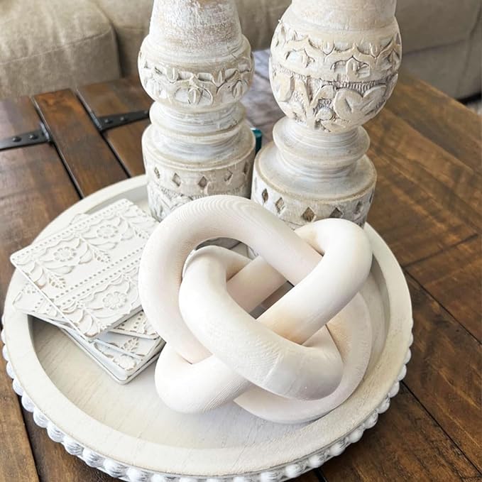 3-Link Wood Chain Link Coffee Table Decor, White Wooden Knot Decor for Coffee Table Farmhouse Decortive for Home Boho Modern Shelf Decortion(White)