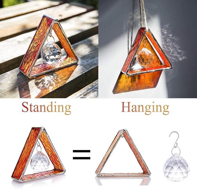 H&D HYALINE & DORA Handcrafted Pyramid in Stained Glass, Stained Glass Window Sun Catcher Hangings Ornament, Crystal Ball Prism Decor for Home Table,Orange