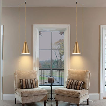 Gold Plug In Pendant Light,Hanging Lights With Plug In Cord On/Off Switch, Mini Brass Pendant Lights for Kitchen Island,Modern Chandeliers Light Fixture with Metal Shade,Hanging Lamps for Bedroom