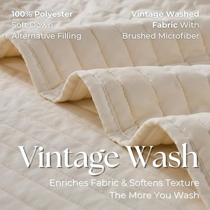 DOWN HOME King Quilt Bedding Set with Shams, Vintage Washed Soft Quilted Blanket Thin Comforter Lightweight Bedspread Coverlet Bed Cover, Brushed Microfiber Stripe Stitching, Linen White, 104"x90"