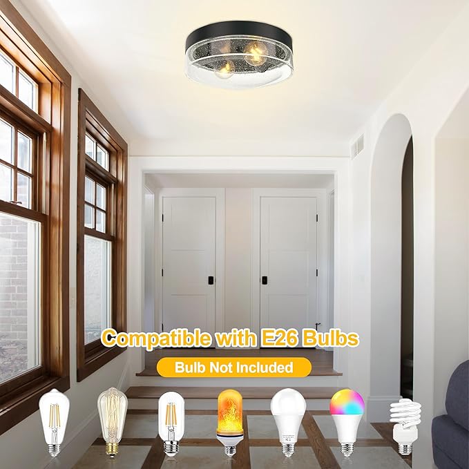Flush Mount Ceiling Light Fixtures, 2-Light Farmhouse Light Fixtures Ceiling Mount with Seeded Glass Lampshade, Industrial Flush Mount Light Fixture Farmhouse for Hallway, Kitchen, Entryway and Foyer