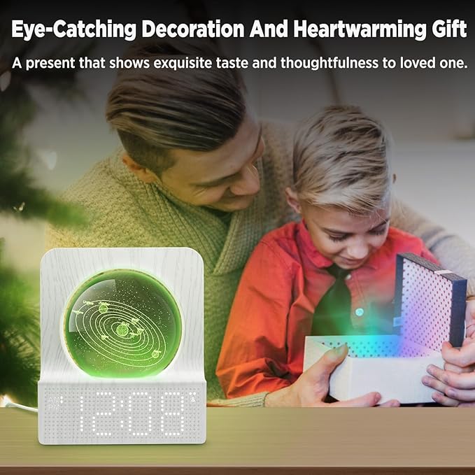 DreamSky Space Alarm Clock for Kids Teens, Small Digital Clock with RGB Night Light for Bedroom, Colorful Crystal Ball Decor for Living Room Office, Dimmer, Gifts for Boys Girls Women (Wood Grain)