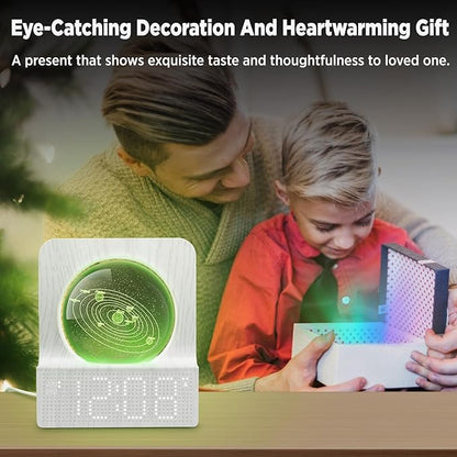 DreamSky Space Alarm Clock for Kids Teens, Small Digital Clock with RGB Night Light for Bedroom, Colorful Crystal Ball Decor for Living Room Office, Dimmer, Gifts for Boys Girls Women (Wood Grain)