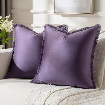 FUTEI Eggplant Purple Velvet Decorative Throw Pillow Covers 26x26 Set of 2,Soft Cozy Edge with Tassels Euro Pillow Shams,Boho Modern Home Decor for Couch Bed Living Room