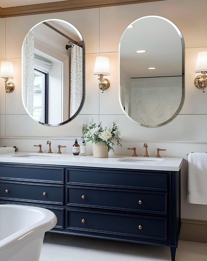 Frameless Oblong Wall Mirror: Decorative Oval Mirrored Glass Vanity with Beveled Silver Edge for Bathroom Bedroom Livingroom Dining Room Entryway Hallway, 40 x 20 inch