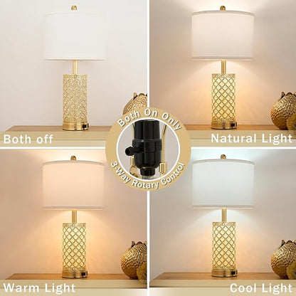 Crystal Table Lamps Modern 3-Way Dimmable Bedside Lamp with 2 USB Ports & AC Outlets for Living Room Bedroom Nightstand Lamp Night Light (Gold- 1 Pack 24In)