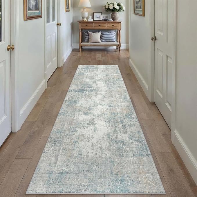 2x7 Washable Runner Rug Blue Cream Abstract Hallway Kitchen Throw Rug Neutral Modern Non Slip Soft Low Pile Lightweight Carpet for Bathroom Laundry Bedroom Living Room
