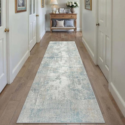 3x12 Washable Runner Rug Blue Cream Abstract Hallway Kitchen Throw Rug Neutral Modern Non Slip Soft Low Pile Lightweight Carpet for Bathroom Laundry Bedroom Living Room