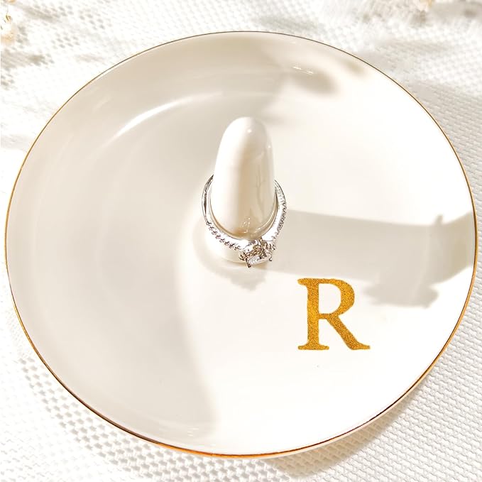 Ceramic Initials Jewelry Tray Ring Dish With Personalized R-Monogrammed Engagement Wedding Gifts, for Birthday Mother's Day for Women, Ceramic White 4.7" x2.4"