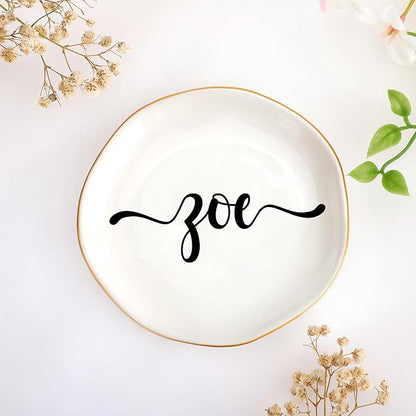 JoycuFF Zoe Personalized Name Ceramic Jewelry Tray, Mothers Day Christmas Anniversary Engagement Birthday Gifts for Women Couples, Trinket Dish for Rings Earrings Necklaces Bracelets Keys
