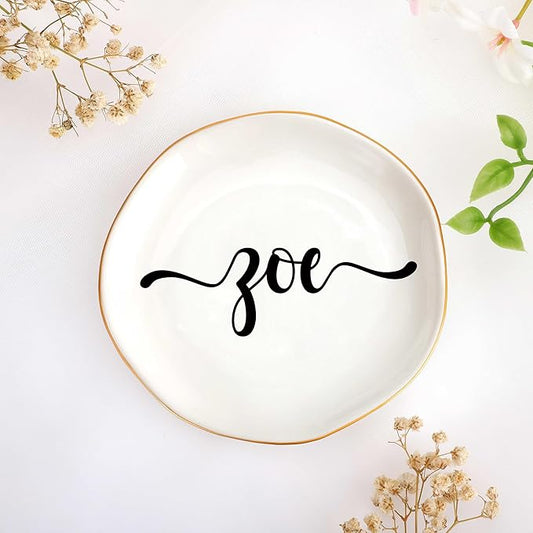 JoycuFF Zoe Personalized Name Ceramic Jewelry Tray, Mothers Day Christmas Anniversary Engagement Birthday Gifts for Women Couples, Trinket Dish for Rings Earrings Necklaces Bracelets Keys