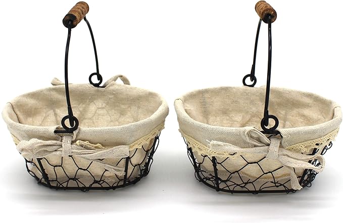 CVHOMEDECO. Primitives Country Chicken Wire Small Gift Baskets Gathering Baskets with Wooden Handle and Fabric Liner. Set of 2 (Oval) Matt Black