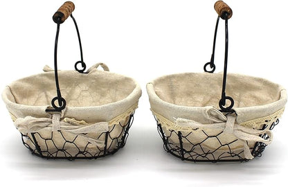 CVHOMEDECO. Primitives Country Chicken Wire Small Gift Baskets Gathering Baskets with Wooden Handle and Fabric Liner. Set of 2 (Oval) Matt Black