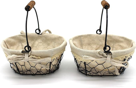CVHOMEDECO. Primitives Country Chicken Wire Small Gift Baskets Gathering Baskets with Wooden Handle and Fabric Liner. Set of 2 (Oval) Matt Black