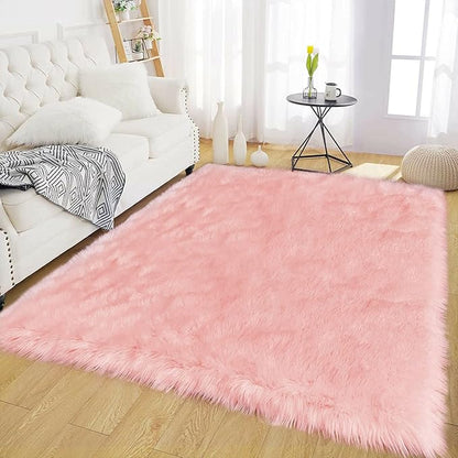 Latepis Pink Rugs for Living Room Shag 6x8 Faux Fur Sheepskin Rug for Sofa Bedroom Fluffy Washable Furry Plush Rug, Rectangle