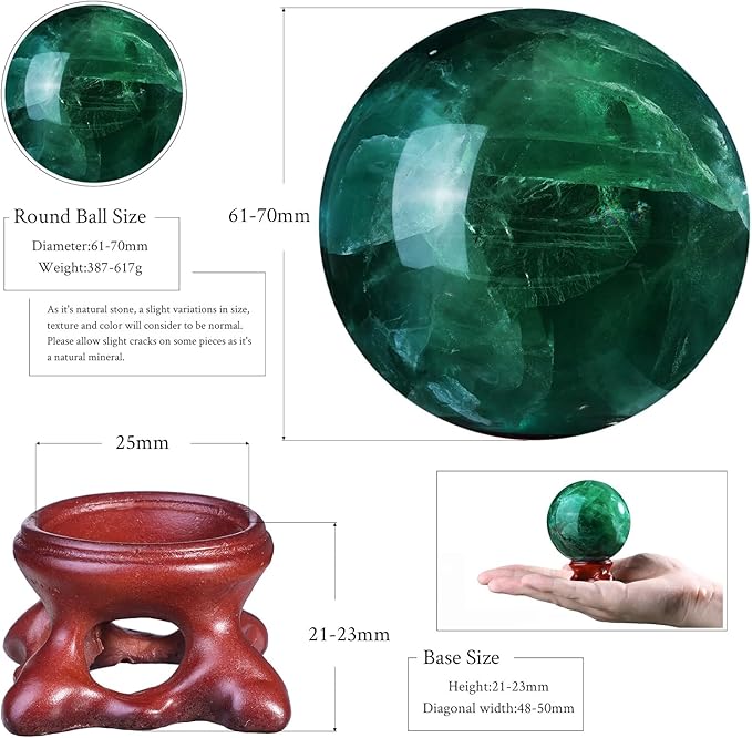 moonsix Natural Fluorite Crystal Sphere with Resin Stand Healing Energy Stone Decorative Ball Sculpture for Home Office Tabletop, 61-70 mm