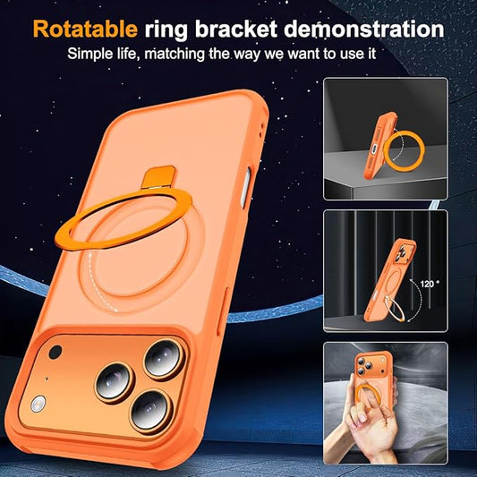 Compatible with iPhone 17 Pro Max Case with Invisible Magnetic O-Ring Stand Military-Grade Translucent Case for iPhone 17 ProMax 6.9" [Compatible with Mag-Safe][Great Grip Feeling],Orange