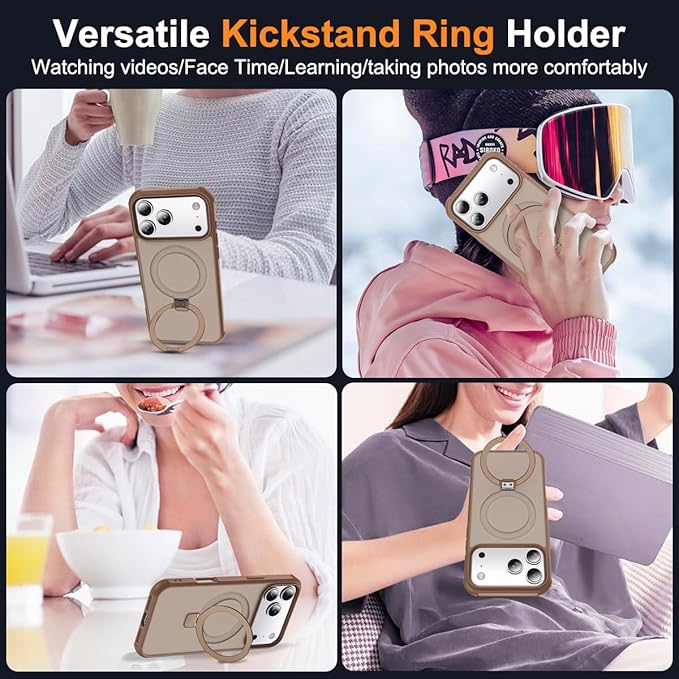 Compatible with iPhone 17 Pro Max Case with Invisible Magnetic O-Ring Stand Military-Grade Translucent Case for iPhone 17 ProMax 6.9" [Compatible with Mag-Safe][Great Grip Feeling],Desert Brown