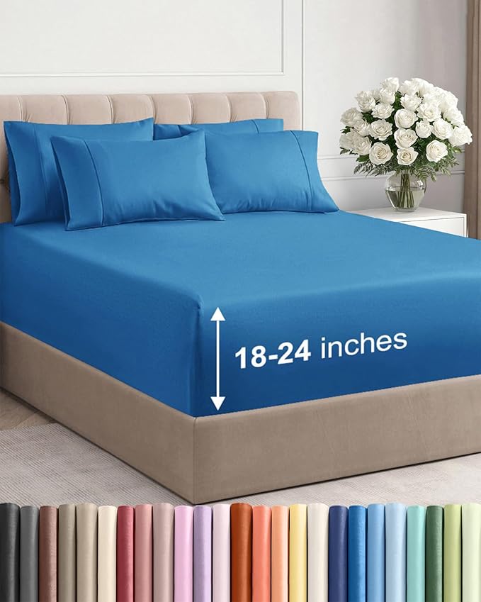 Extra Deep Queen Sheet Set - 6 Piece Breathable & Cooling Sheets - Hotel Luxury Bed Sheets Set - Easy & Secure Fit - Soft, Wrinkle Free & Comfy Sheets Set - Denim Blue Sheet Set w/Extra Deep Pockets