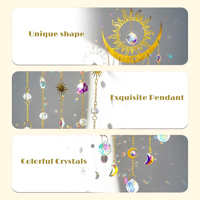 H&D HYALINE & DORA Sun and Moon Suncatcher Crystal Wind Chimes for Hanging Outdoor Indoor Glass Window Hanging Prisms for Garden Backyard Ceiling Room Decor