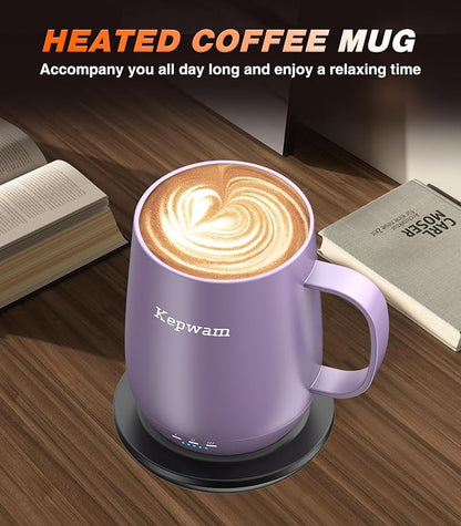 Kepwam Self Heating Coffee Mug T2, 16oz Smart Heated Coffee Mug, 150 Min Battery Life - Hot up to 149℉ Temperature Control Coffee Mug Warmer, Gifts for Dad Mom (No APP)