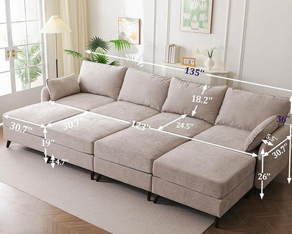 135'' Modular Sectional Sofa with Seats Storage, Oversized Sleeper Sofa Bed,Comfy Couches for Living Room,Cloud Couches with Deep Seat,Movable Ottoman,2 Throw Pillow,Chenille,Khaki