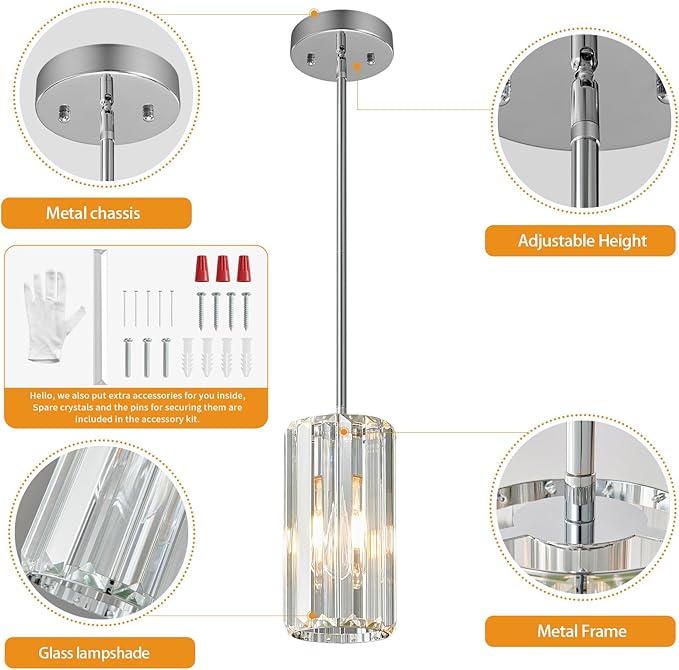Chrome Pendant Lighting Modern Pendant Light Mini Crystal Chandeliers Adjustable Pendant Light Fixture for Kitchen Island Dinning Room Corridor Bedroom(Chorme 1-Light)